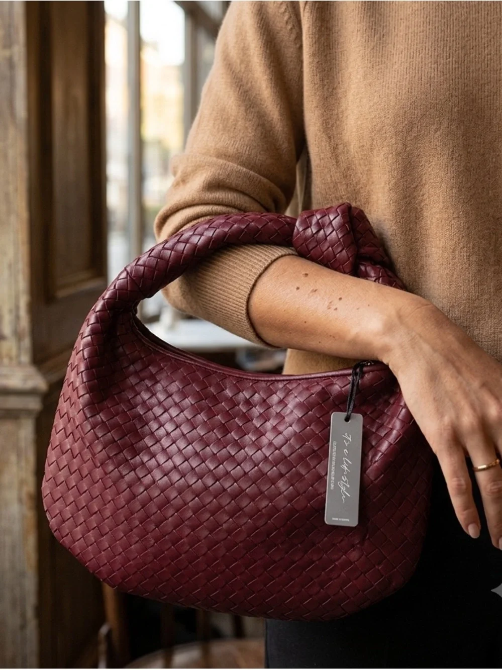 Woven Hobo Shoulder Bag - Burgundy